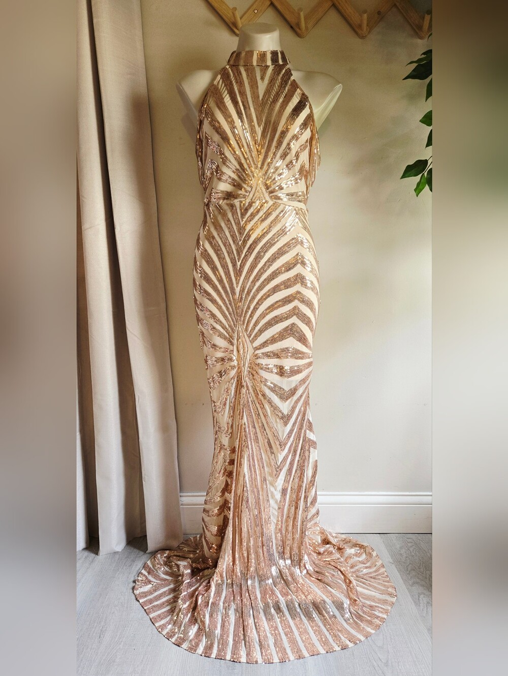 Posh By V Gold Sequin Halter Evening Gown
